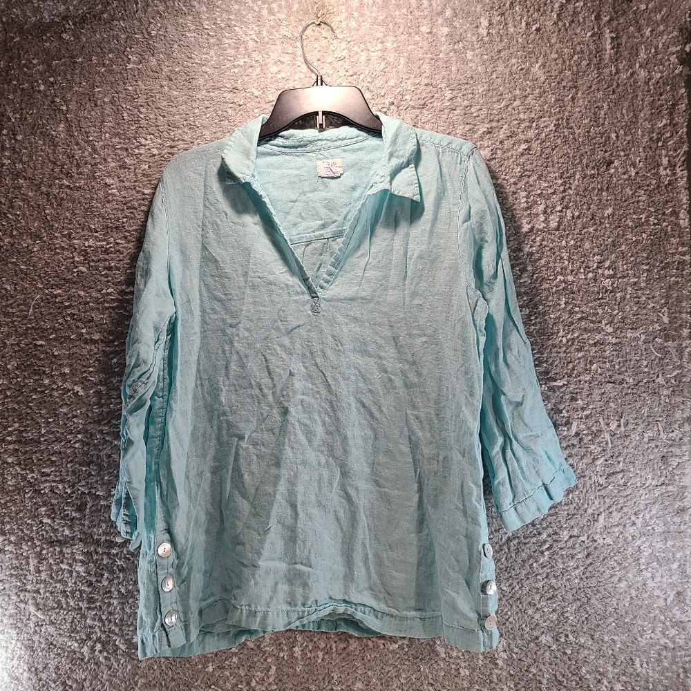 Sigrid Olsen Linen Pullover Tunic Top Blue 3/4 Sleeve Breathable Size Medium